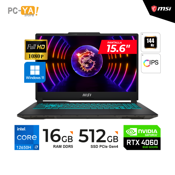 LAPTOP Msi Cyborg 15 A12VF Intel Ci7 12650H 15.6" FHD/RAM 16GB DDR5/512GB SSD/RTX 4060 8GB/S.Operativo Win11 Negro