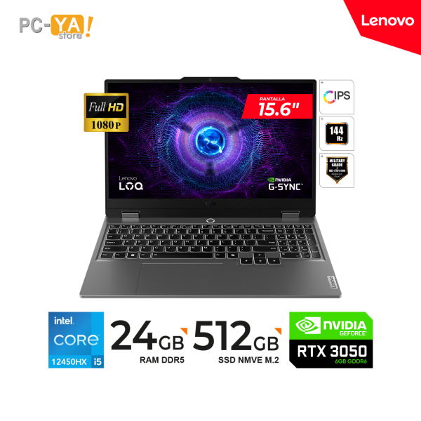 LAPTOP LENOVO LOQ 15IAX9 15.6" FHD IPS 144HZ Core i5-12450HX hasta 4.4GHz 24GB DDR5-4800MHz 512GB RTX 3050 6GB No Incluye Sistema Operativo
