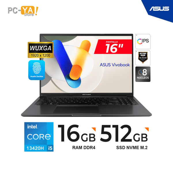 LAPTOP ASUS VIVOBOOK 16 -  X1605VA-MB1234 / 16.0" WUXGA, IPS / Core i5-13420H, 4.60GHz / 16GB DDR4, 512GB SSD, No Incluye Sistema Operativo