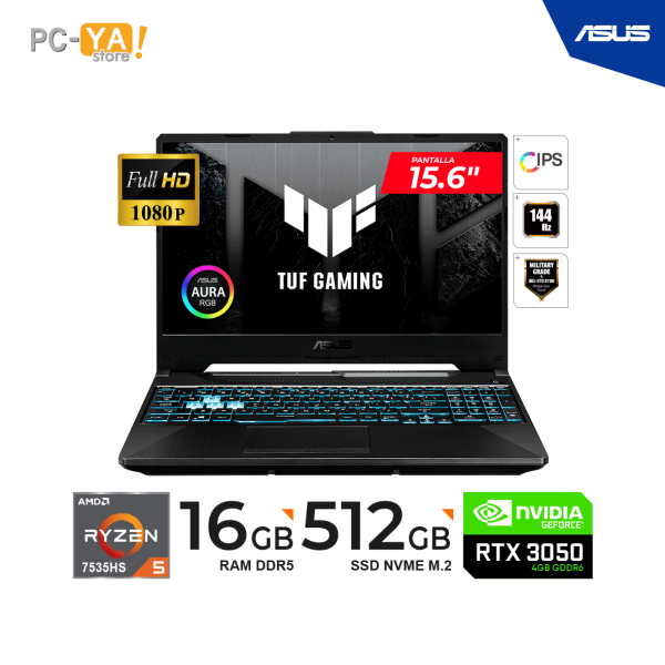 LAPTOP ASUS TUF Gaming  A15  FA506NC-HN016 / 15.6" FHD, IPS, 144Hz / AMD Ryzen 5 - 7535HS, 4.55GHz / 16GB DDR5-4800, 512GB SSD /  RTX 3050 4GB, No Incluye Sistema Operativo.
