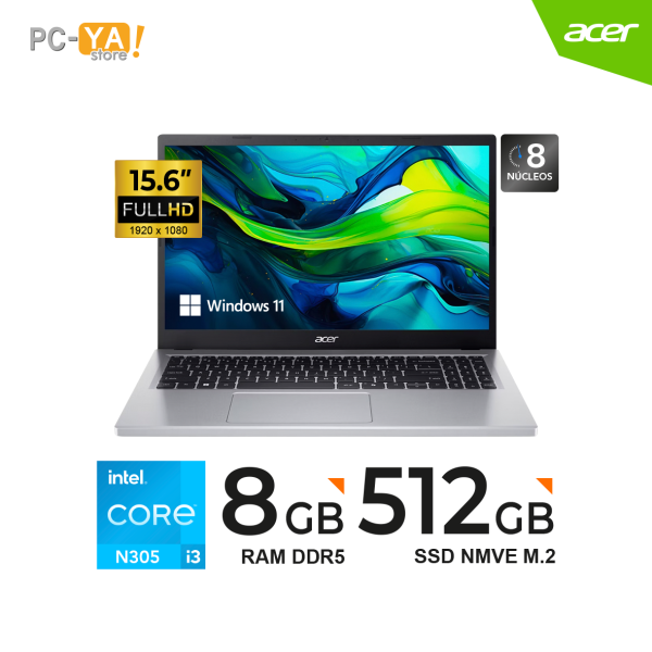 Laptop Acer Aspire,AG15-31P-38E3,Intel Core i3 N305 Hasta 3.8Ghz/8Core/15.6"/8GB/512GB sólido/Windows 11
