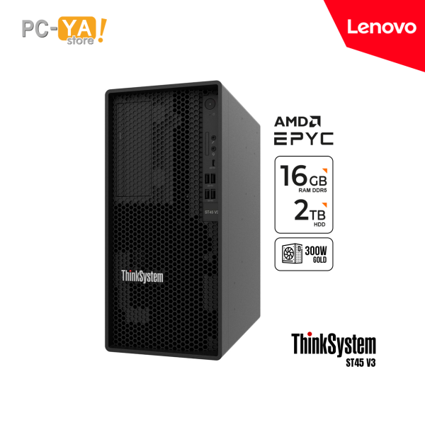 Servidor Lenovo ThinkSystem ST45 V3 AMD EPYC 4124P 3.8/5.1GHz/4C/16MB Cache, RAM 16GB TruDDR5 5600MHz(1Rx8) 2TB SATA HDD,  Gigabit Ethernet 1000BASE-T (RJ-45) Fuente 300W Gold.