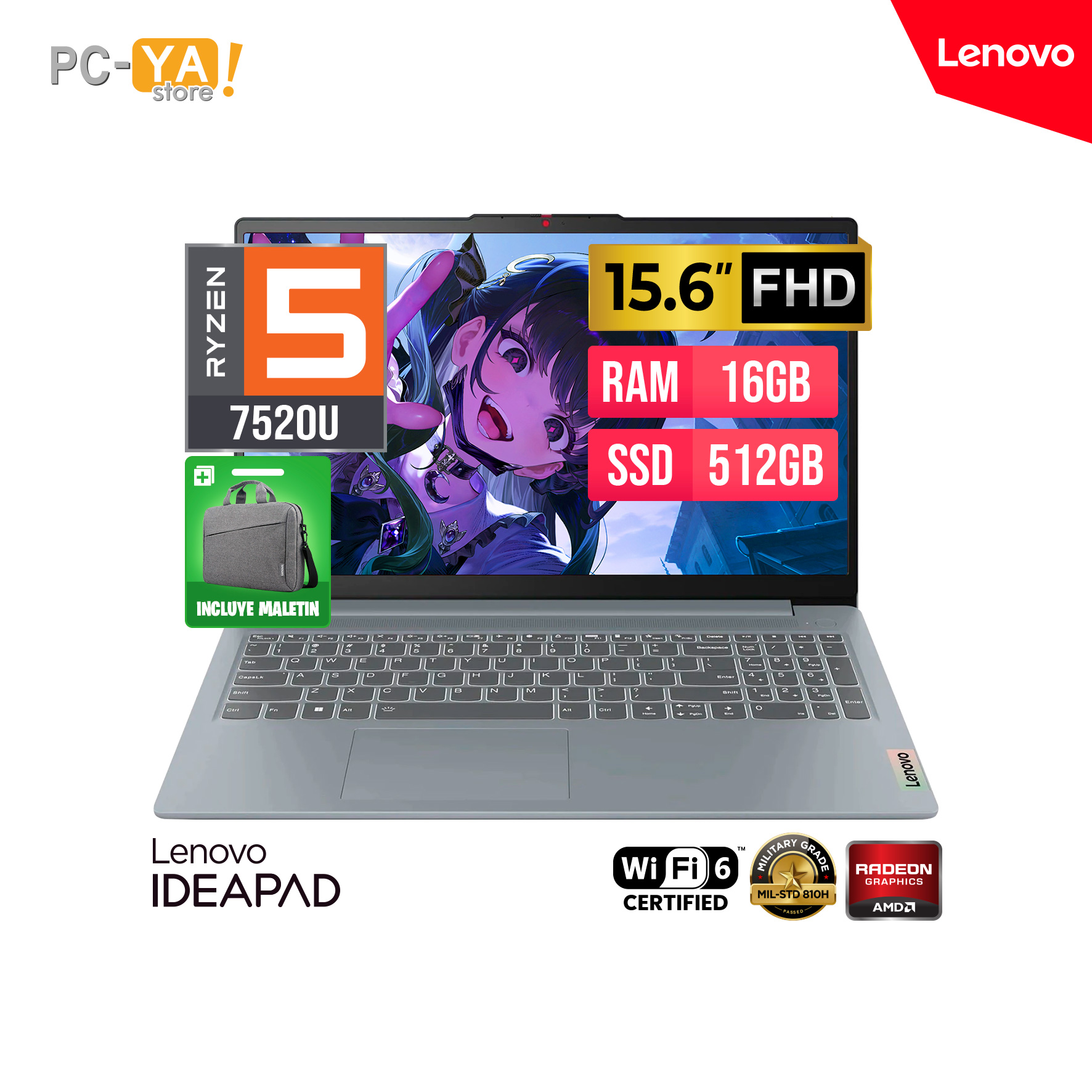 LAPTOP LENOVO IDEAPAD SLIM 3 15AMN8 AMD RYZEN 5 7520U 2.8/4.3GHz 15.6″ FHD 1920 x 1080 16GB DDR5 SSD 512GB+Maletin No Incluye Sistema Operativo.
