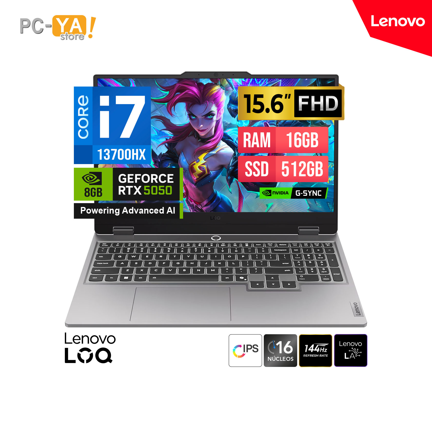 LAPTOP LENOVO LOQ 15IRX10 15.6″ FHD IPS IA Core i7-13700HX 2.1/5.0GHz 16GB DDR5 512GB SSD GEFORCE RTX 5050 8GB  No Incluye Sistema Operativo.