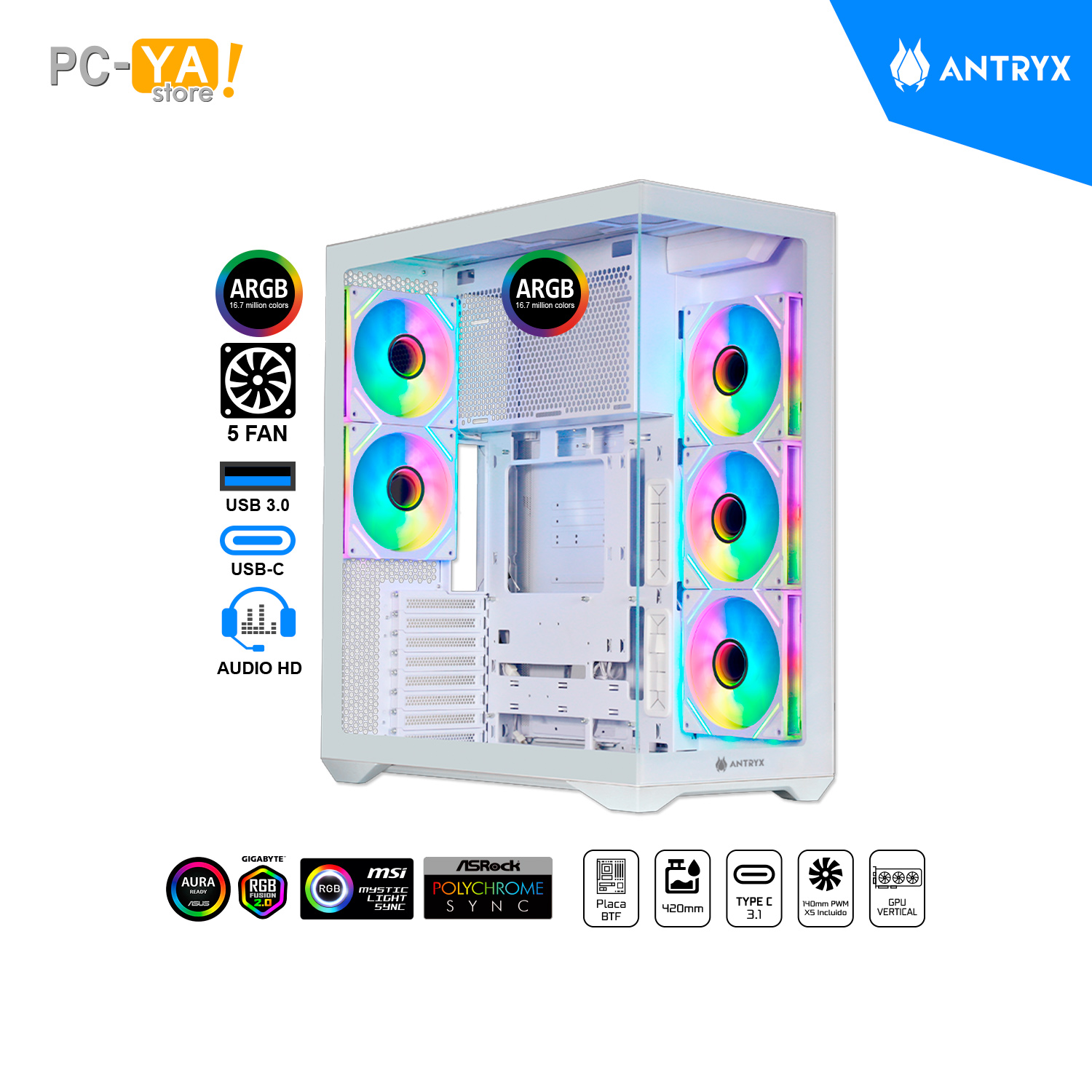 AC-FX970WP CASE ANTRYX FX 970 PRO BLANCO (WHITE) ARGB SIN FUENTE VIDRIO TEMPLADO MID TOWER - Imagen 1